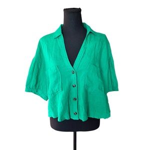 Blue Buttercup Green 100% Linen Button Front Crop Blouse Coastal Summer L X43